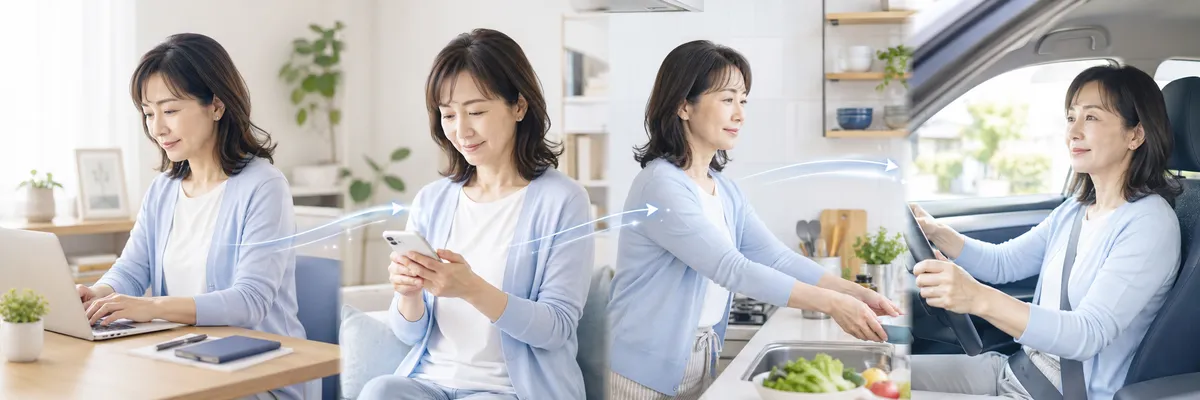 デスクワークやスマートフォン、家事、運転など日常生活の繰り返しで姿勢が変化する様子