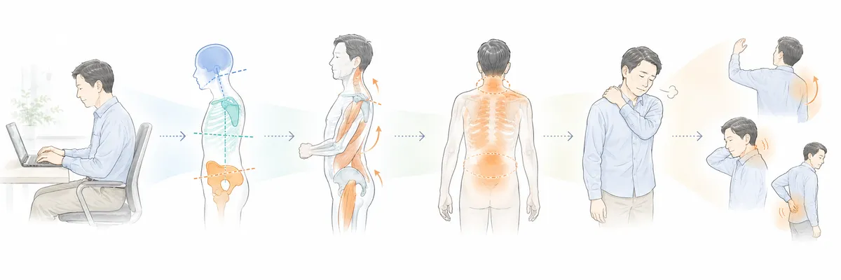 姿勢の偏りによって筋肉や関節へ負担が集中し疲労が蓄積する仕組み