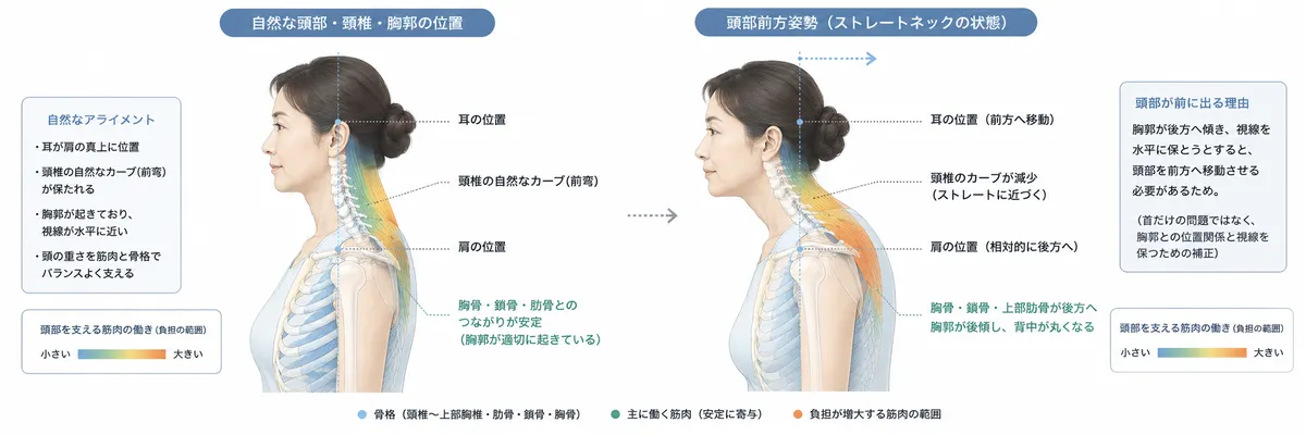 頭部前方姿勢とストレートネックに関わる頭部・首・胸郭の位置関係