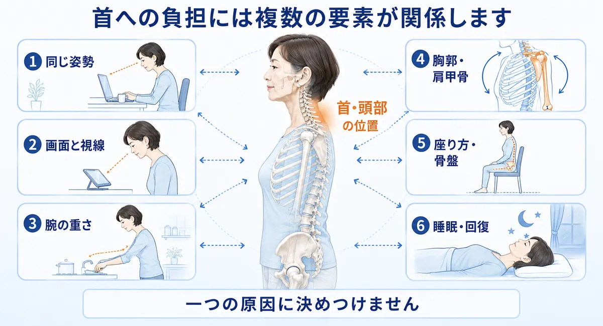 同じ姿勢や画面、腕、胸郭肩甲帯、骨盤、睡眠が首への負担に関係する図