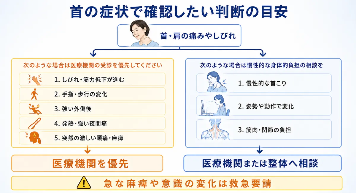 首のしびれや筋力低下など医療機関を優先する症状の判断フロー