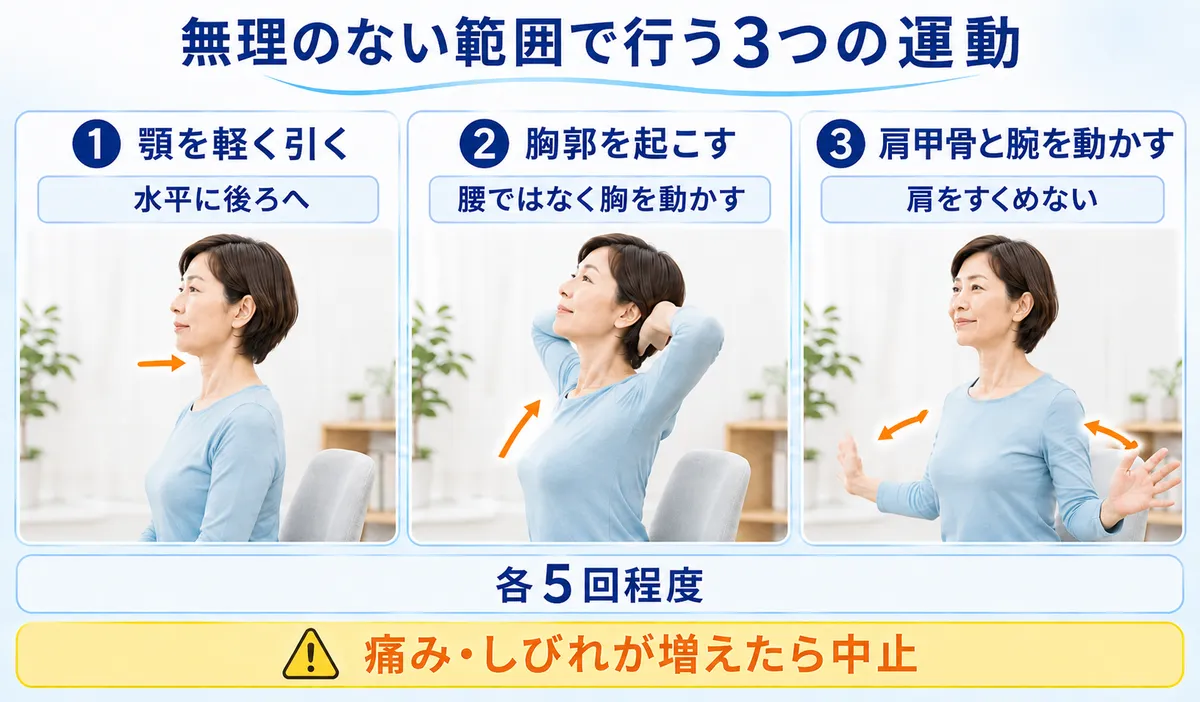 顎を軽く引く運動と胸郭、肩甲骨を動かすストレートネックのセルフケア