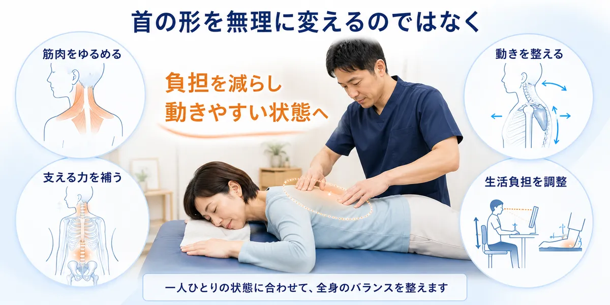 首だけでなく筋肉や胸郭の動き、支える力と生活負担を確認する施術方針