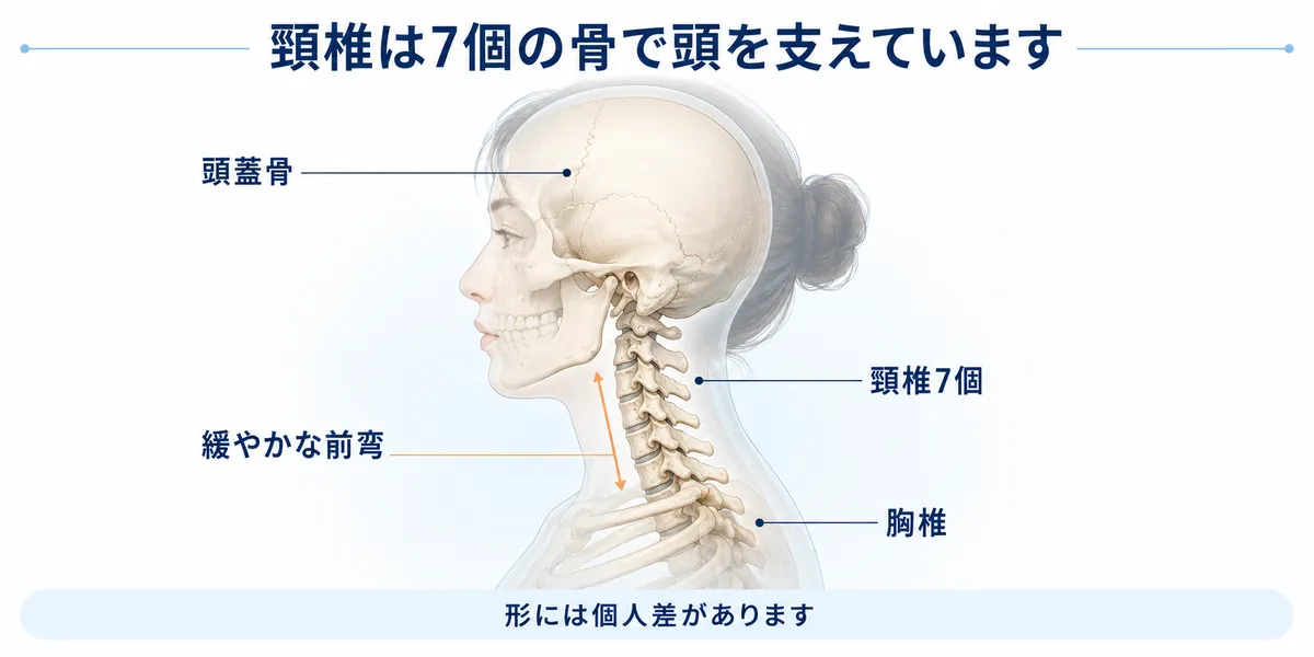 頭蓋骨から胸椎へつながる7個の頸椎と緩やかな頸椎前弯