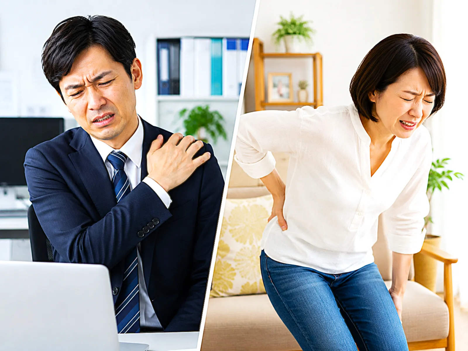正面から見たなで肩と肩の高さの左右差がある男性、横から見たストレートネックの女性