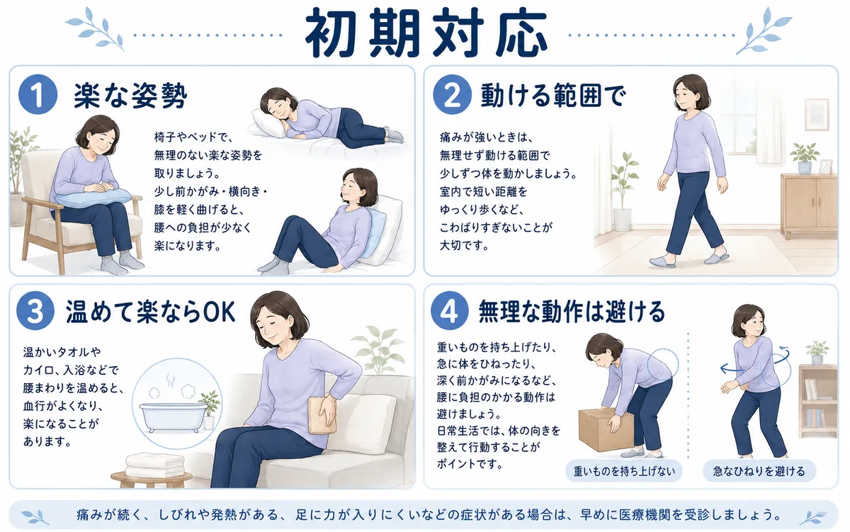 ぎっくり腰の初期対応として楽な姿勢や動ける範囲での行動を示した図解