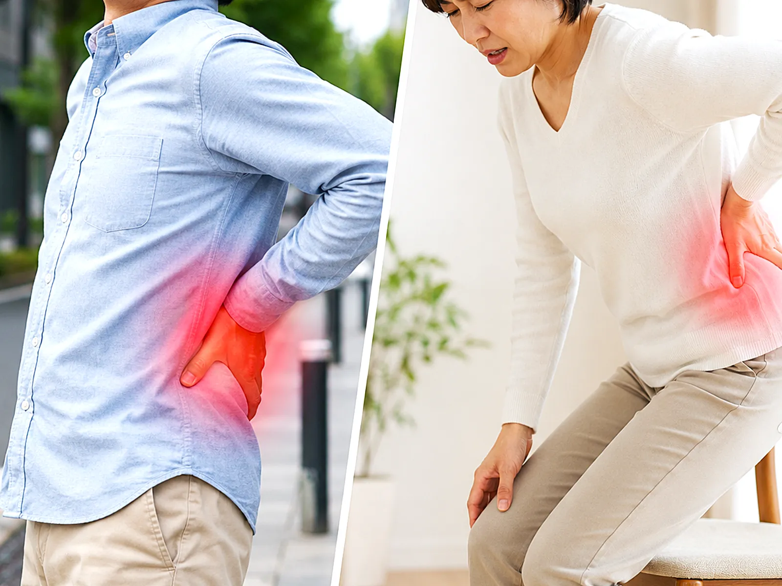 正面から見たなで肩と肩の高さの左右差がある男性、横から見たストレートネックの女性
