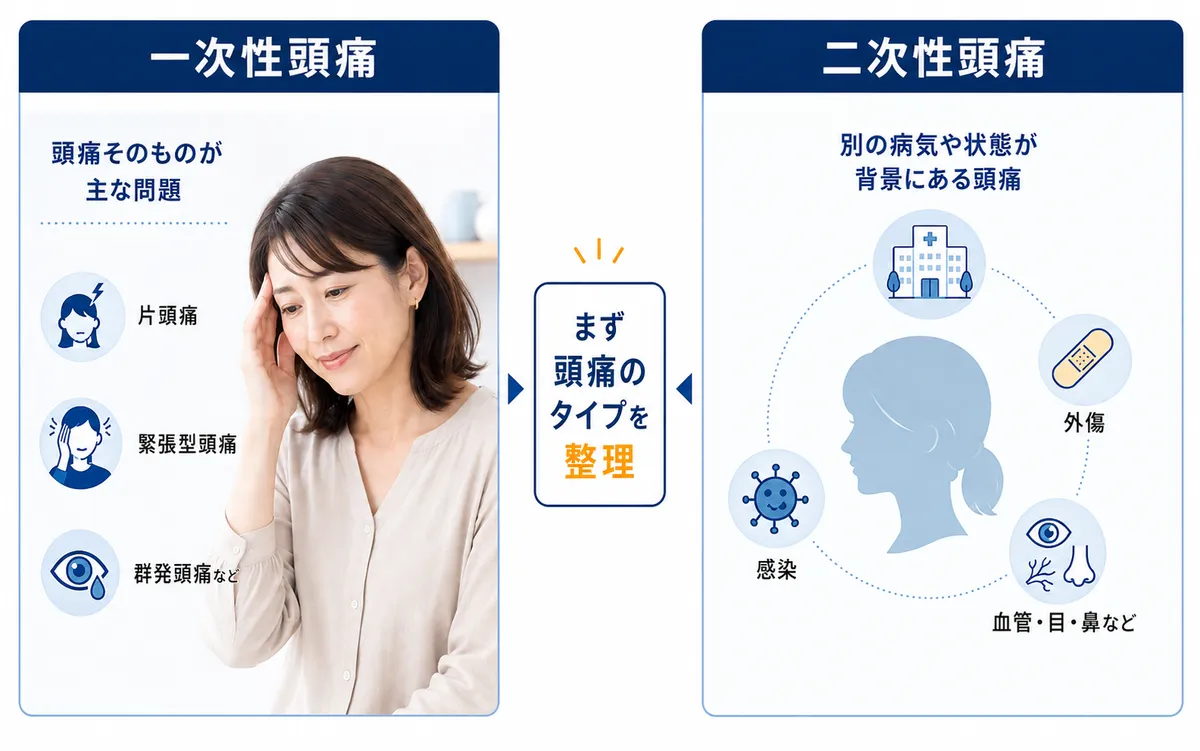 一次性頭痛と二次性頭痛の違いを分かりやすく比較した図