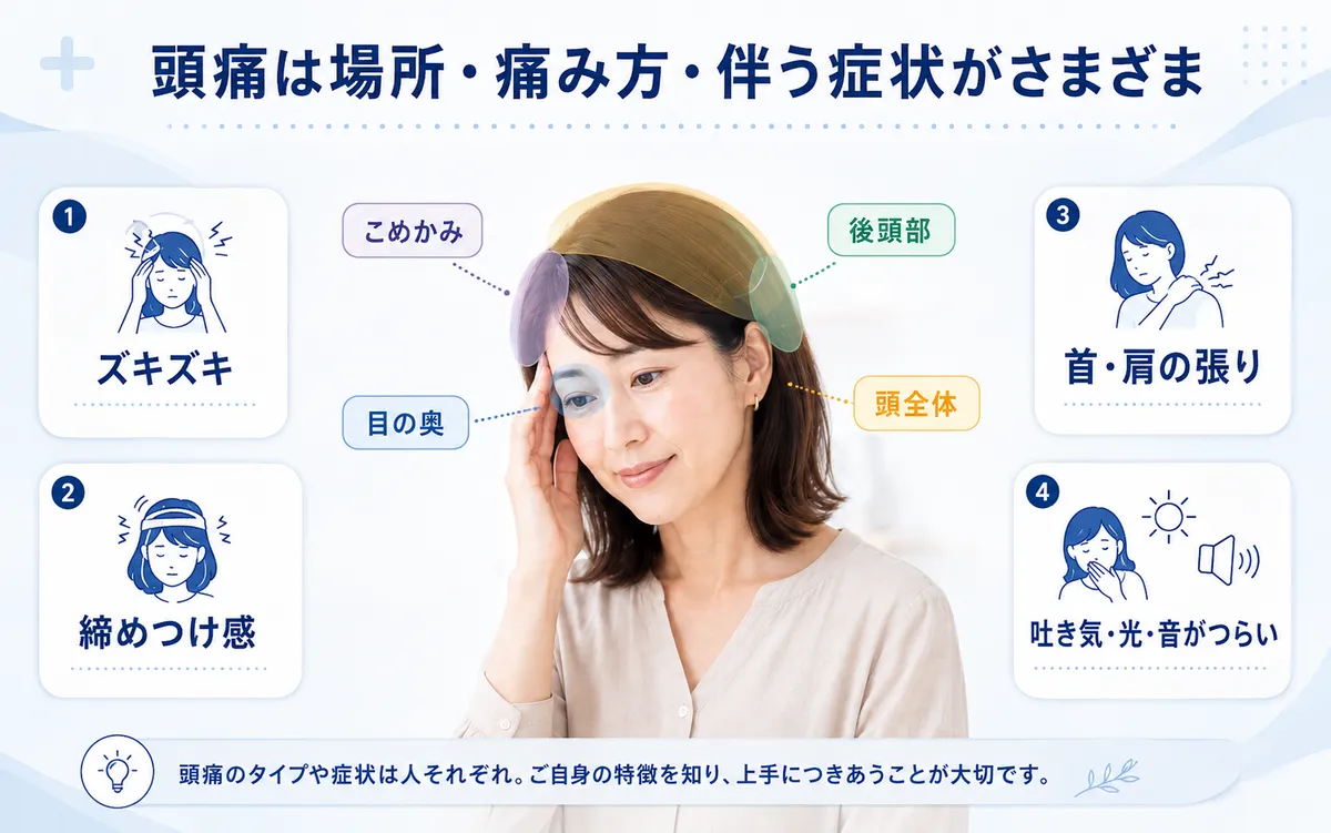 頭痛が起こる場所と痛み方、伴いやすい症状を示した図
