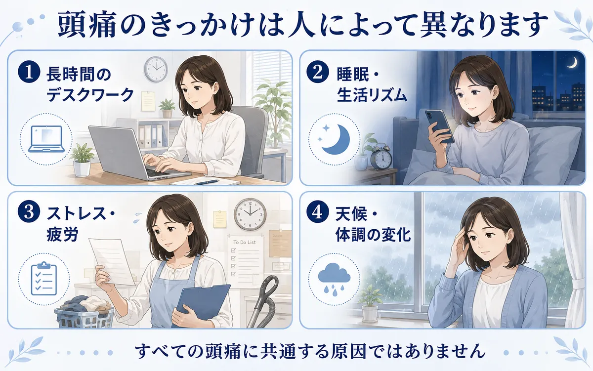 デスクワークや睡眠不足、ストレス、天候変化など頭痛が起こりやすい場面