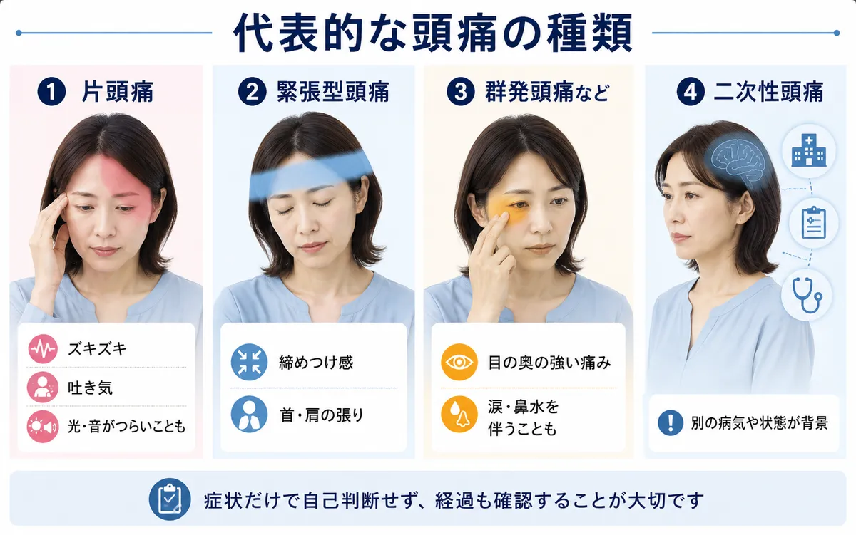 片頭痛、緊張型頭痛、群発頭痛、二次性頭痛の特徴を比較した図