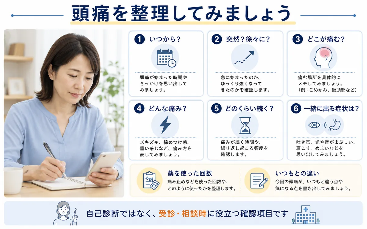 頭痛の始まり方や場所、痛み方、持続時間などを確認するポイント