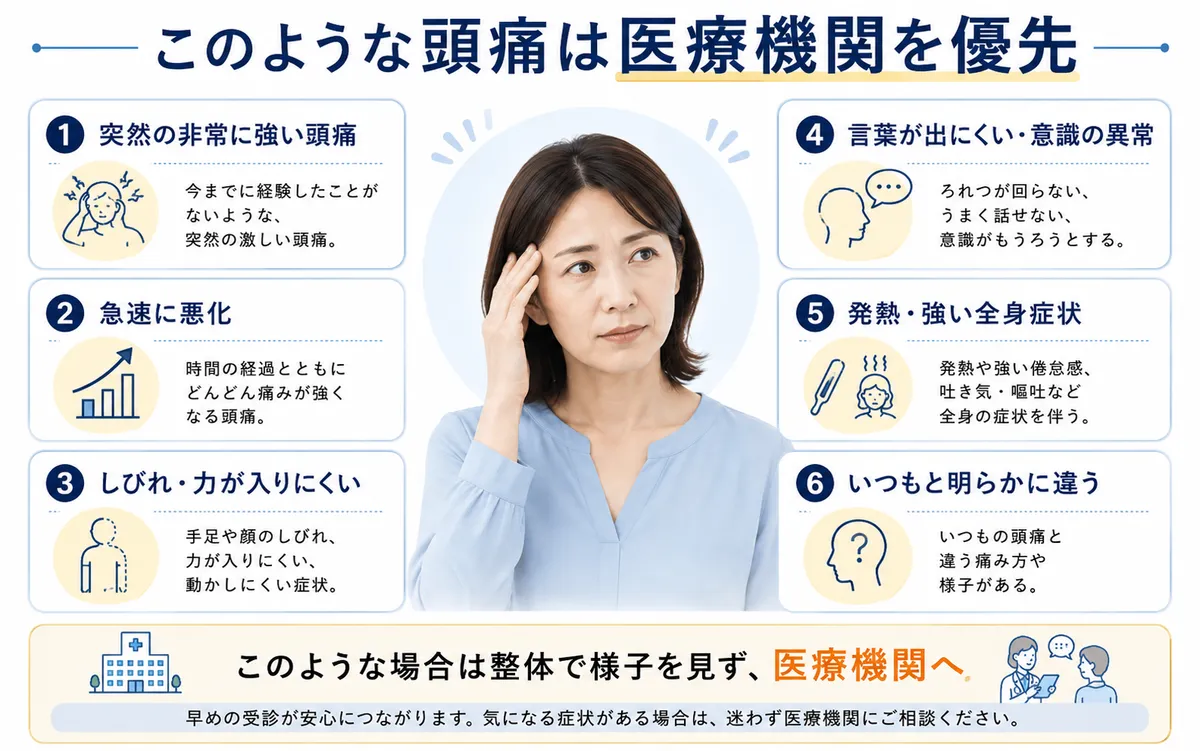 突然の激しい頭痛や神経症状など医療機関を優先すべき頭痛のサイン
