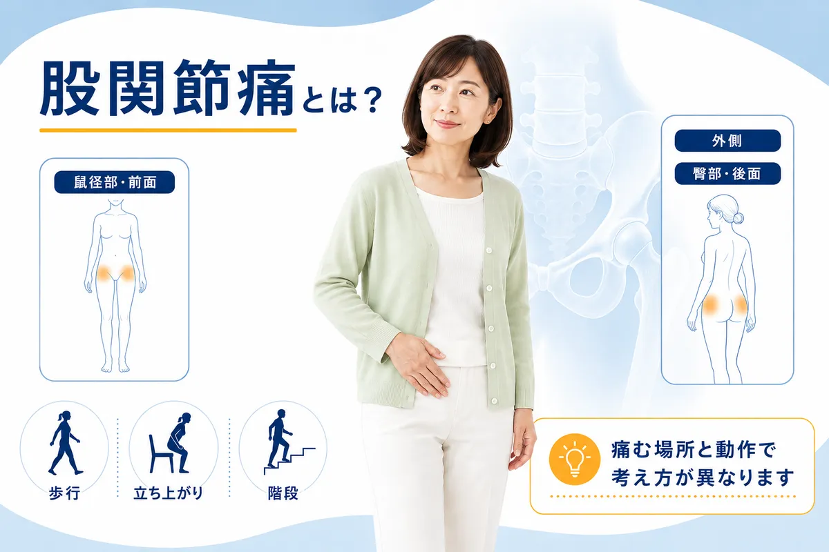鼠径部や股関節外側、臀部の痛みと歩行などの動作を示した股関節痛の解説図