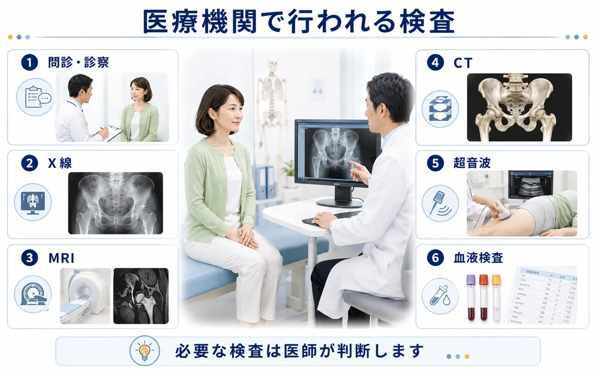 股関節痛に対して医療機関で行われる診察、X線、MRI、CT、超音波検査の概要