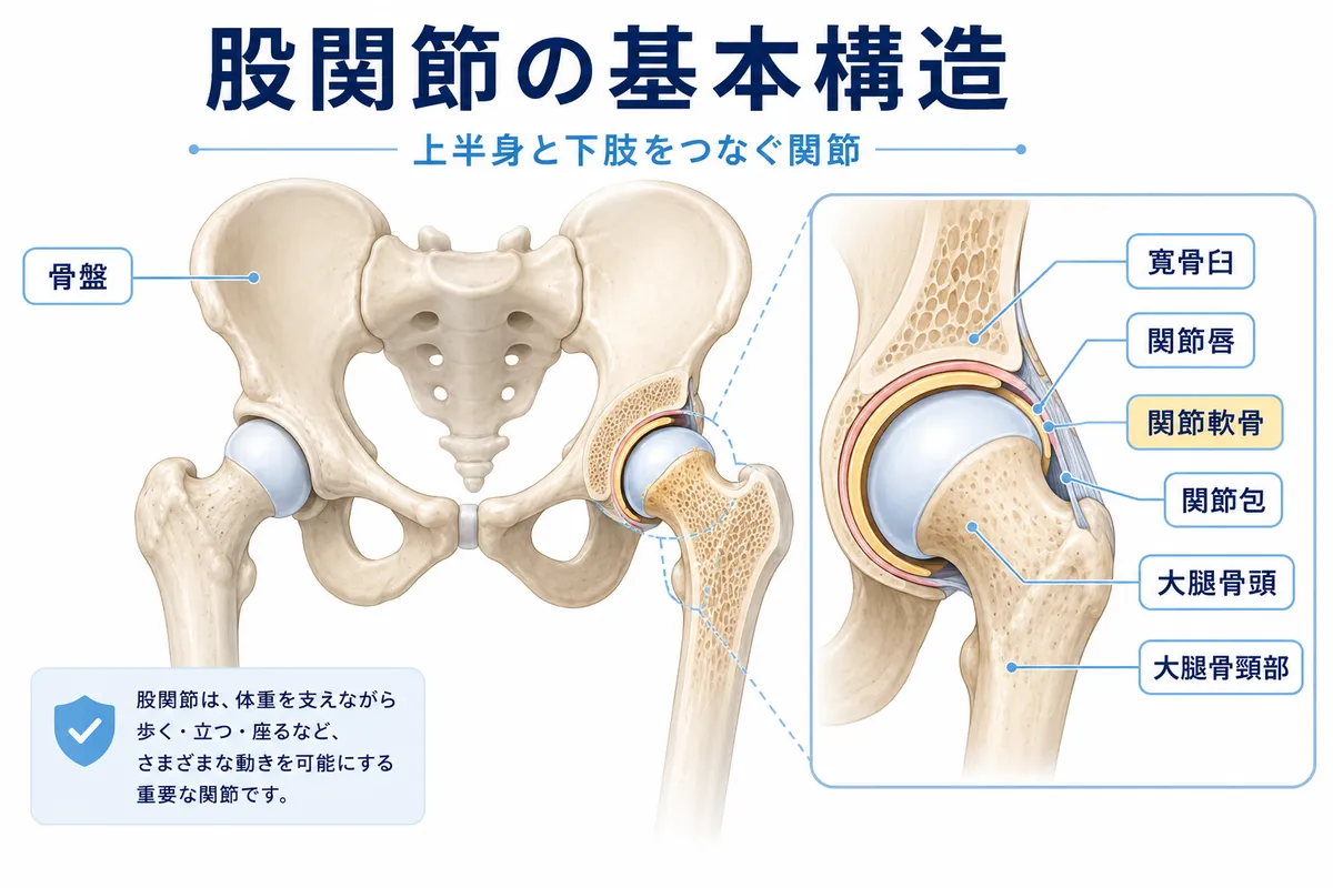 骨盤の寛骨臼と大腿骨頭、関節軟骨、関節包、関節唇からなる股関節の基本構造