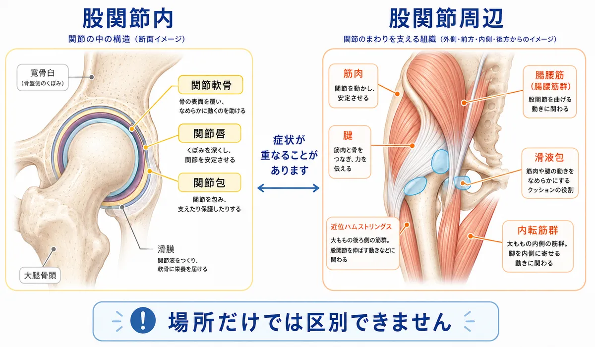 正常な股関節と変形性股関節症で関節裂隙が狭くなる様子を比較した基本図