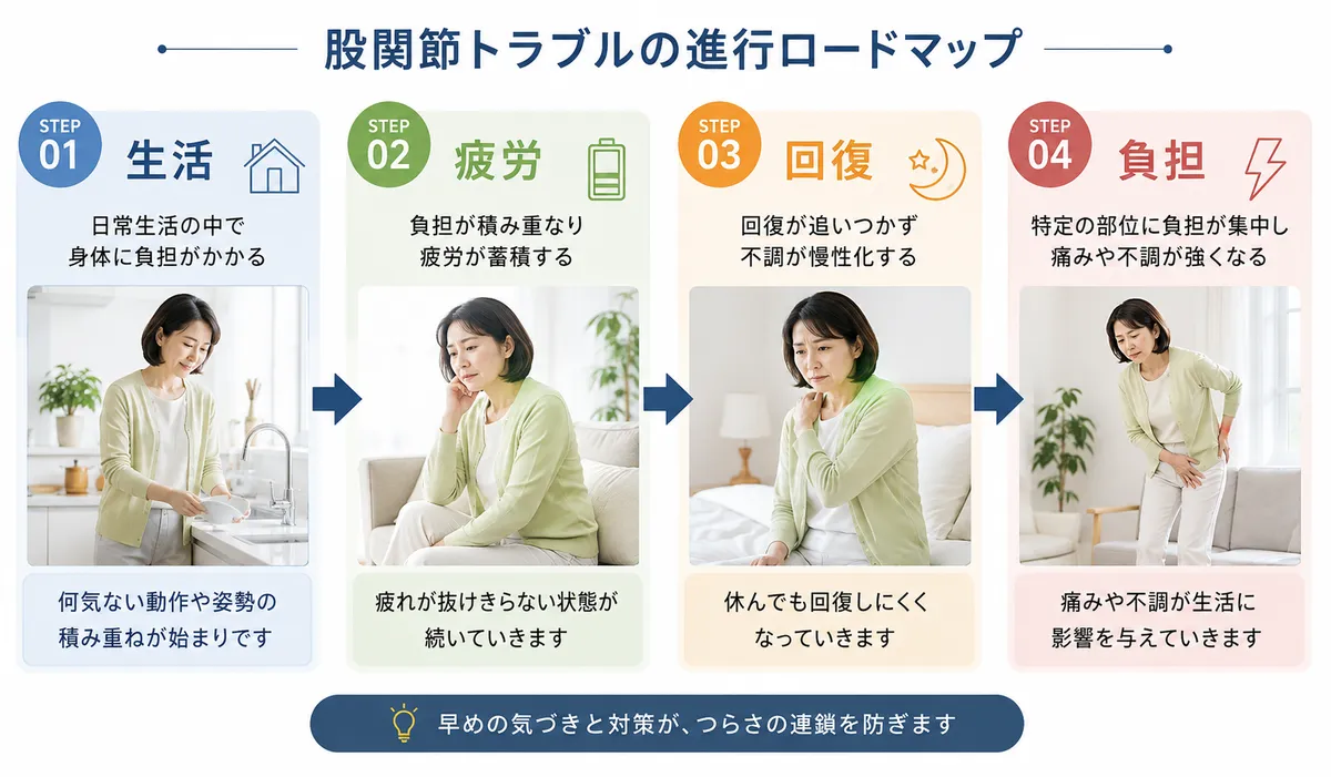 日常生活で股関節へ負担が集中する流れ