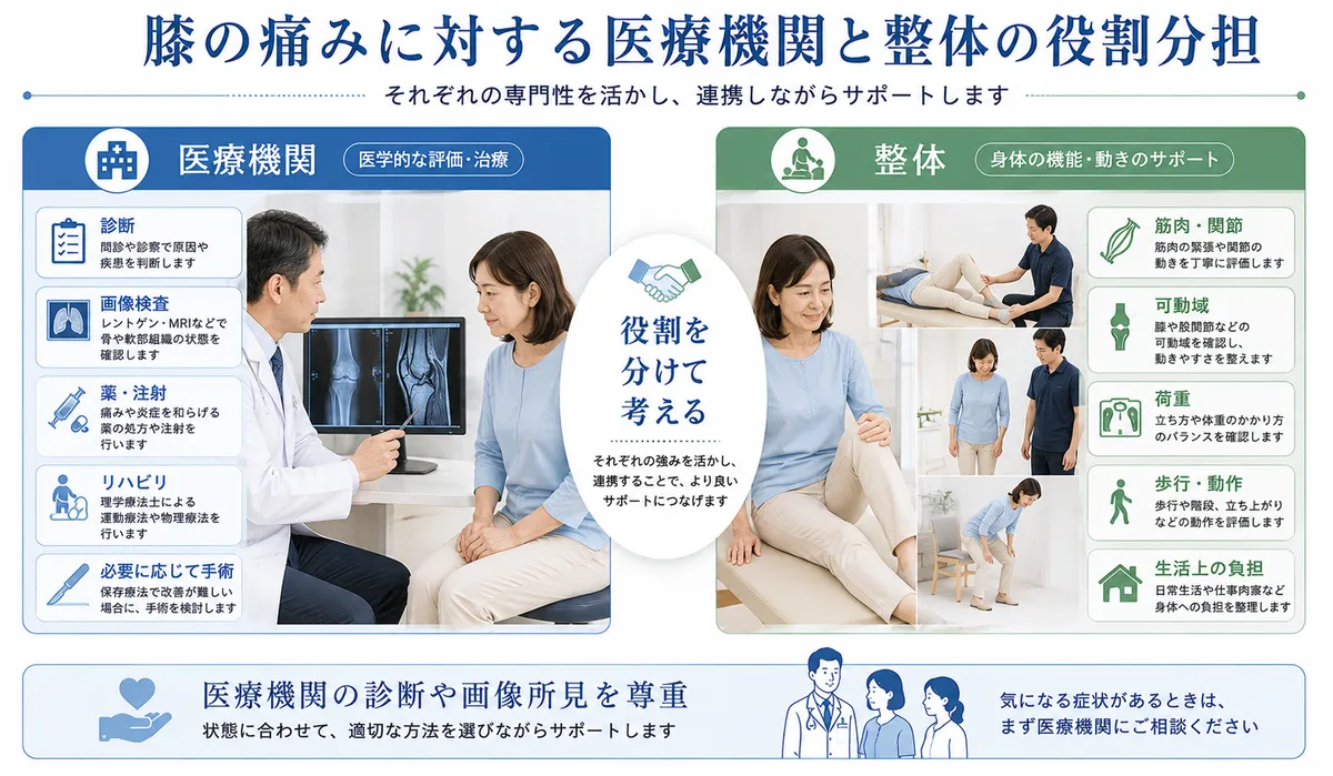 膝痛に対する医療機関の診断と整体の身体評価の役割分担