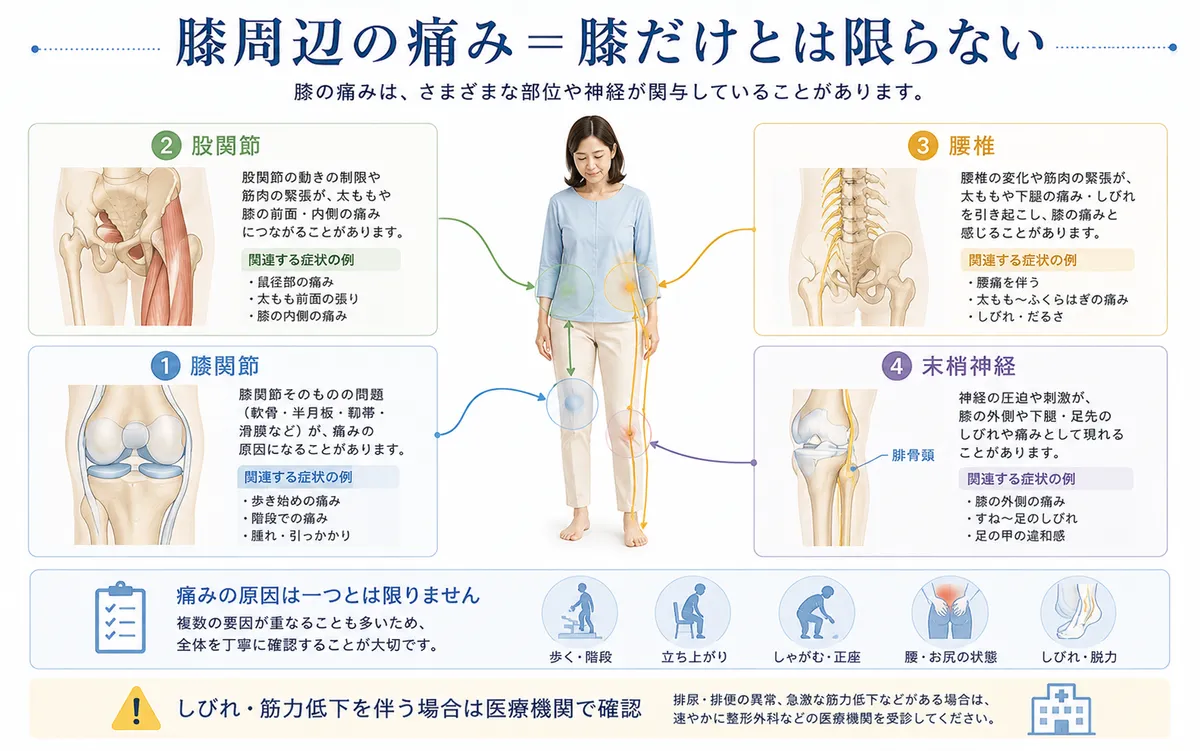 膝関節・股関節・腰椎・神経から膝周辺へ症状が出る可能性を示した図