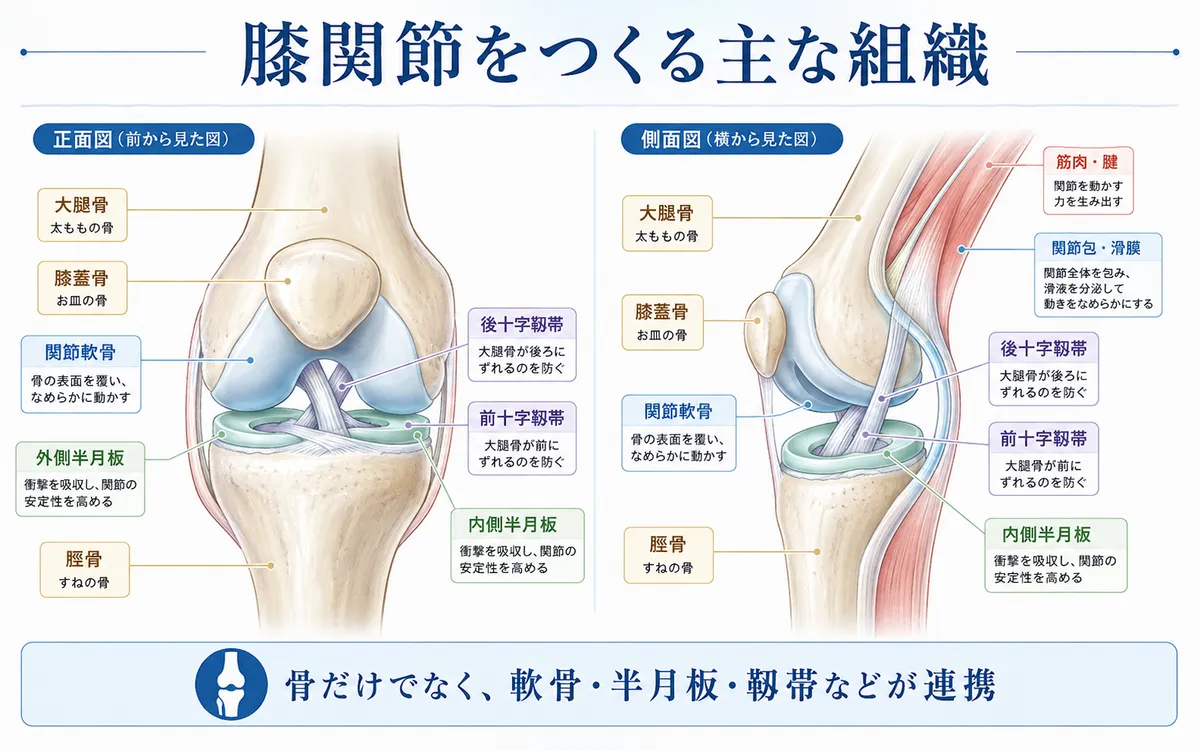 大腿骨・脛骨・膝蓋骨・半月板・靱帯など膝関節の基本構造