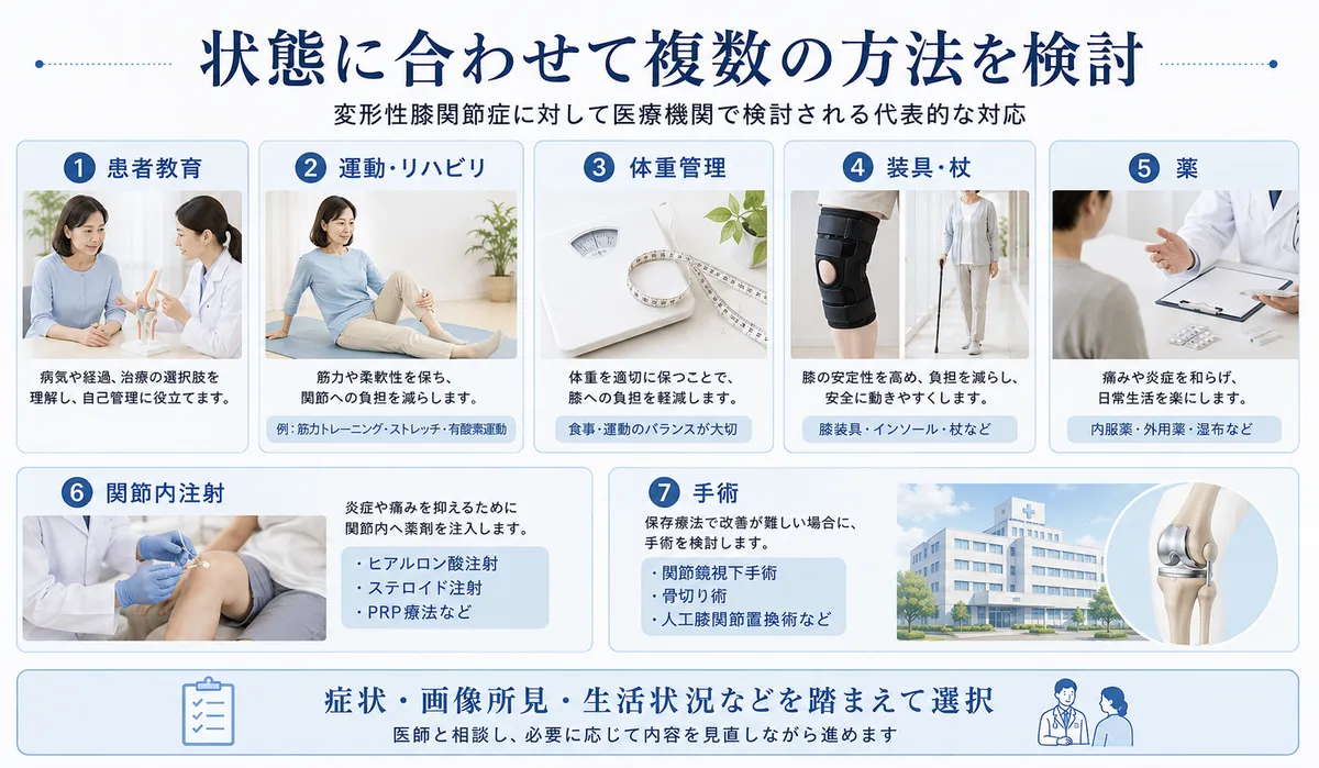 変形性膝関節症で行われる運動・装具・薬・注射・手術などの対応