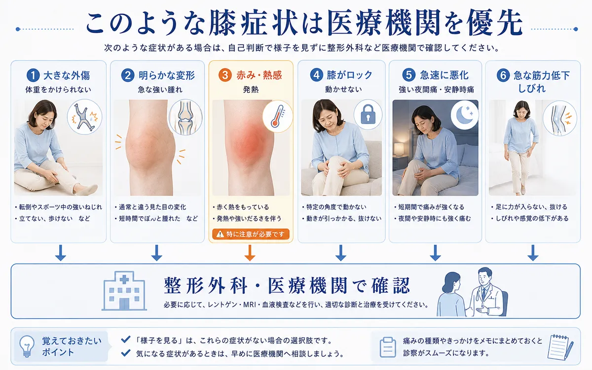 外傷や急な腫れ、発熱、ロックなど膝痛で医療機関を優先する症状