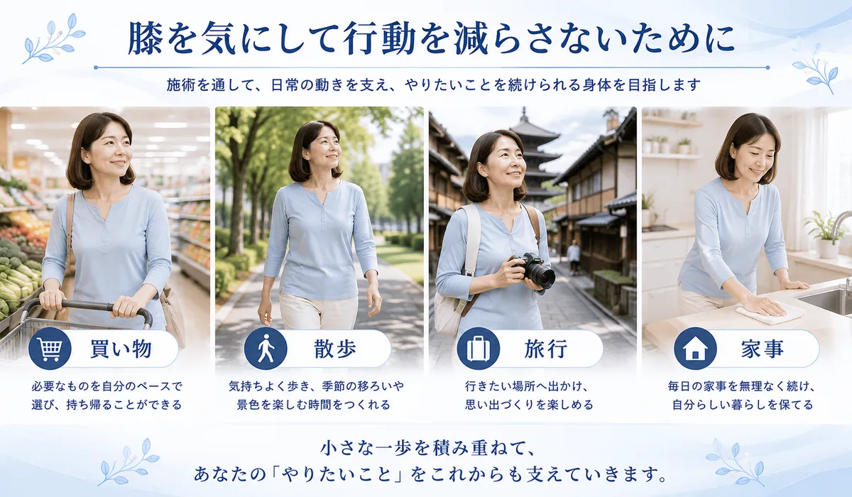買い物や散歩、旅行、家事など膝を気にせず続けたい日常生活