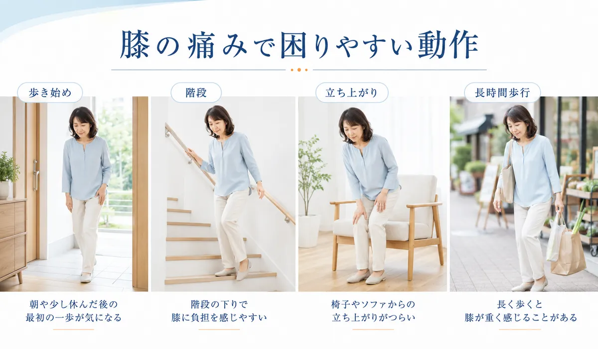 歩き始めや階段、立ち上がり、長時間歩行で膝が痛む場面