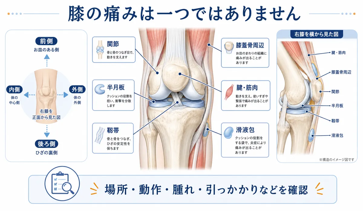 膝の内側・外側・前側・後ろ側と膝周囲の組織を示した図