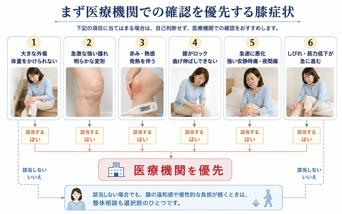 膝の外傷や急な腫れなど医療機関を優先する症状の判断フロー