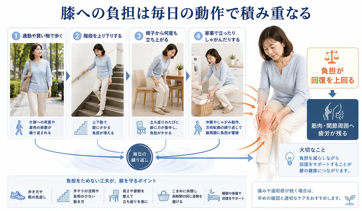 歩行や階段、立ち上がりなど毎日の動作で膝への負担が重なる様子