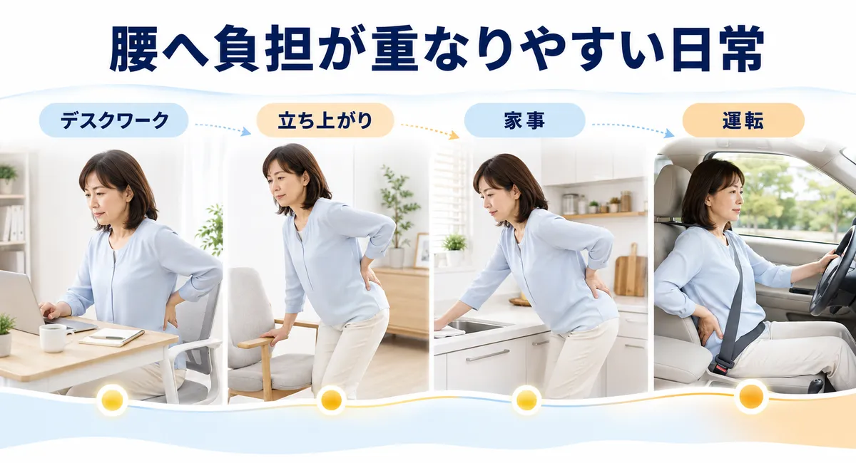デスクワーク、立ち上がり、家事、運転で腰に負担を感じる50代日本人女性
