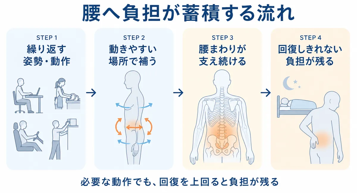 繰り返す姿勢や動作から腰に回復しきれない負担が残る4段階の流れ