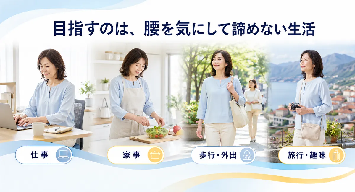 腰を気にせず仕事、家事、歩行、旅行を楽しむ50代日本人女性