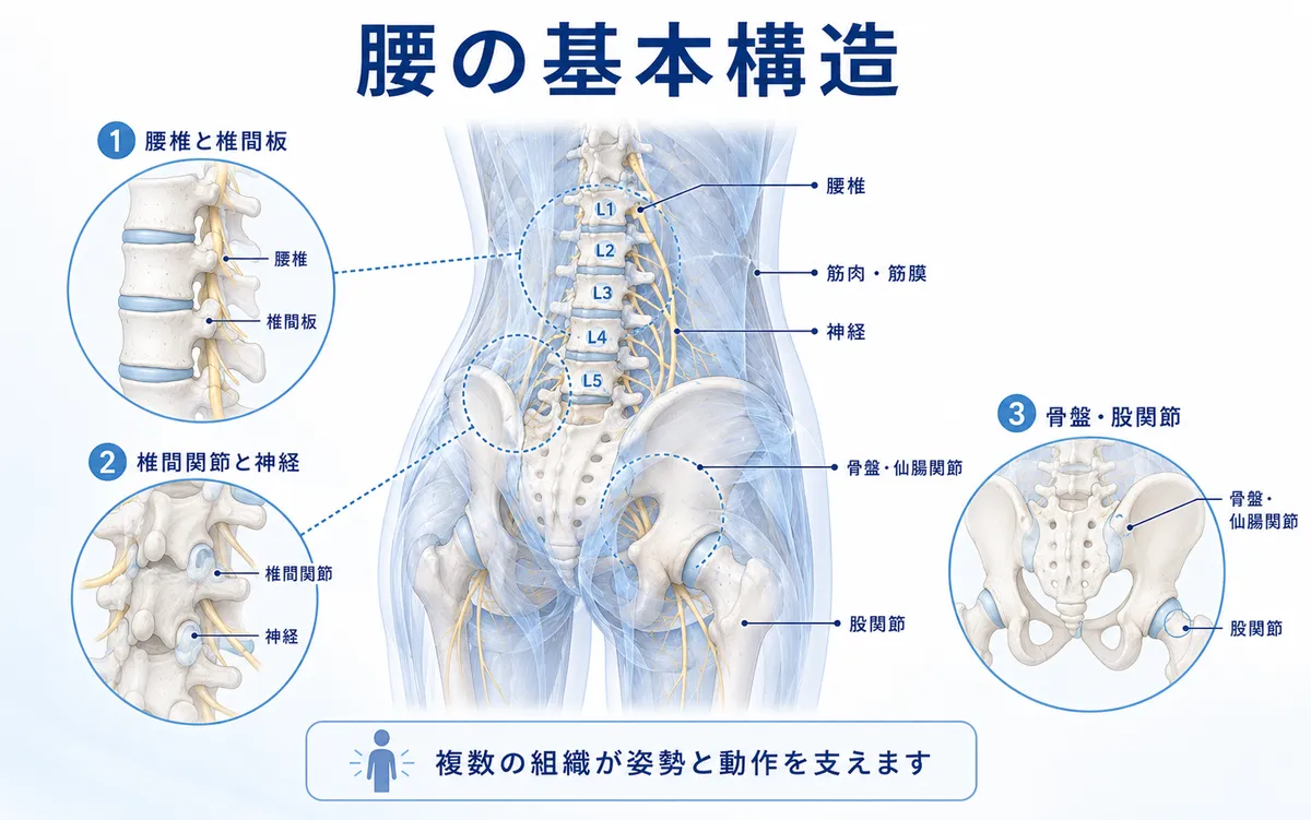 腰椎、椎間板、椎間関節、筋肉、神経、骨盤、股関節の基本構造