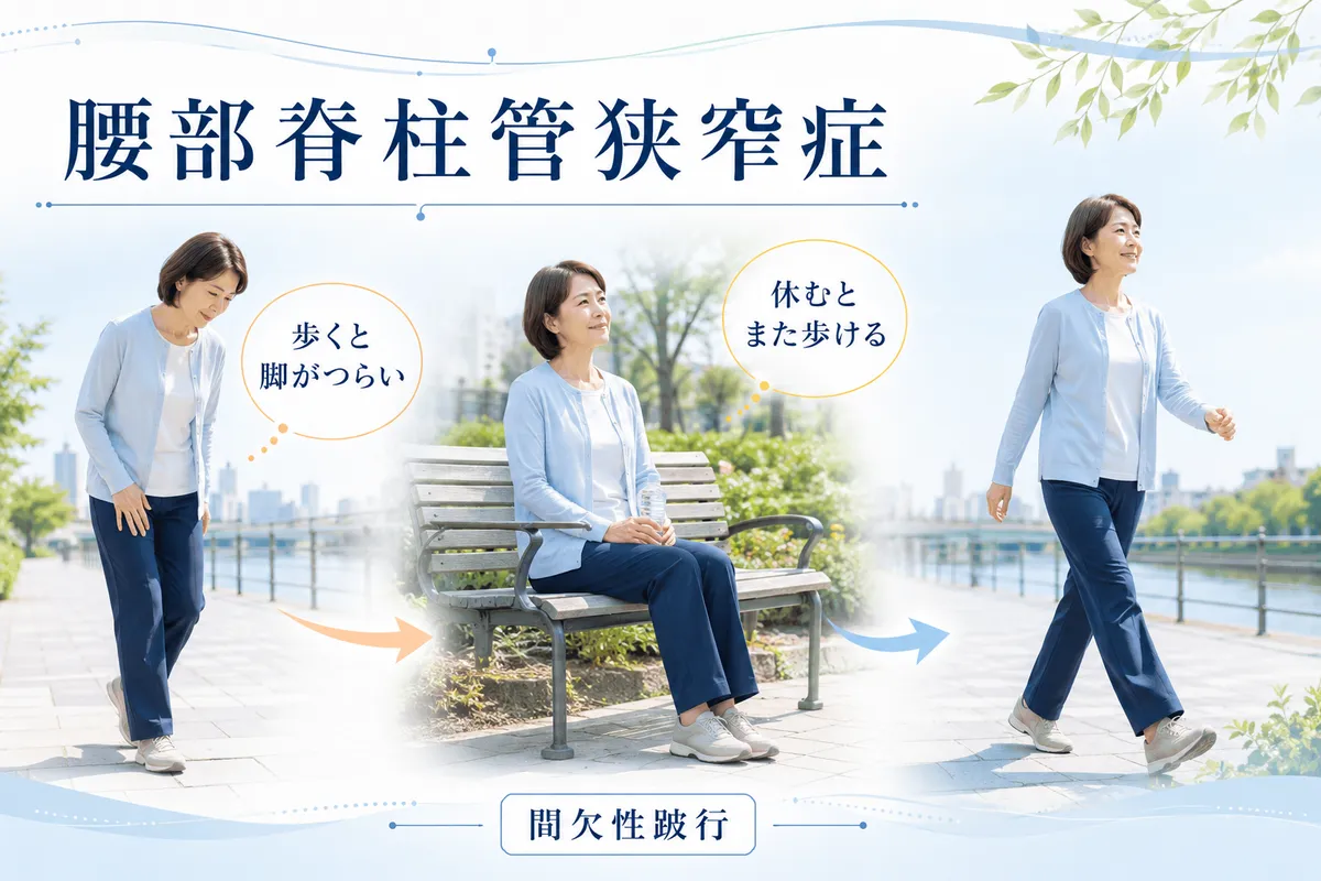 歩くと脚がつらくなり休むとまた歩ける腰部脊柱管狭窄症の生活場面を示した図解