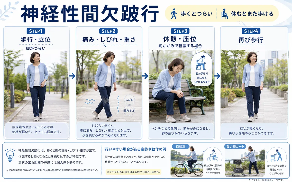 歩行で症状が出て休憩すると再び歩ける神経性間欠跛行の流れを示した図解