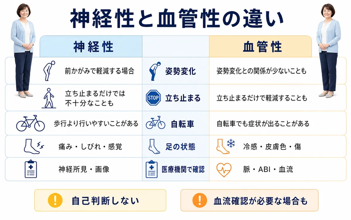 神経性間欠跛行と血管性間欠跛行の違いを姿勢変化や足の状態で比較した図解