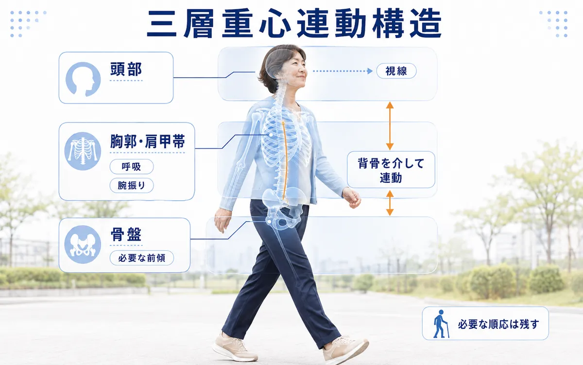 頭部と胸郭肩甲帯と骨盤の三層が背骨を介して連動し歩行を補正する様子を示した図解