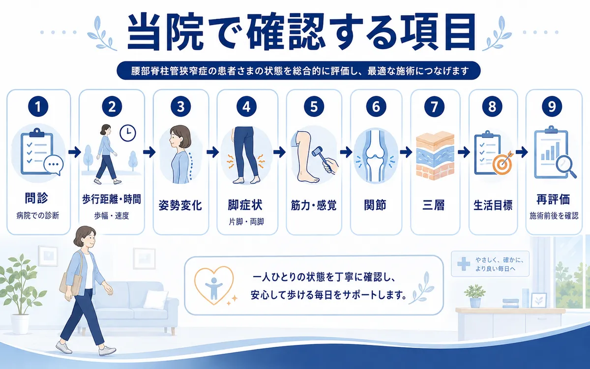腰部脊柱管狭窄症で当院が問診から歩行や筋力や生活目標まで確認する項目を示した図解