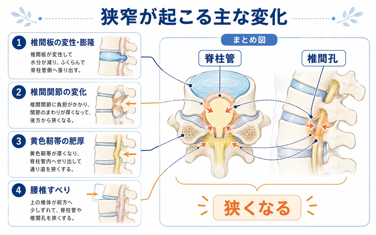 椎間板や椎間関節や黄色靱帯や腰椎すべりの変化で脊柱管や椎間孔が狭くなる様子を示した図解
