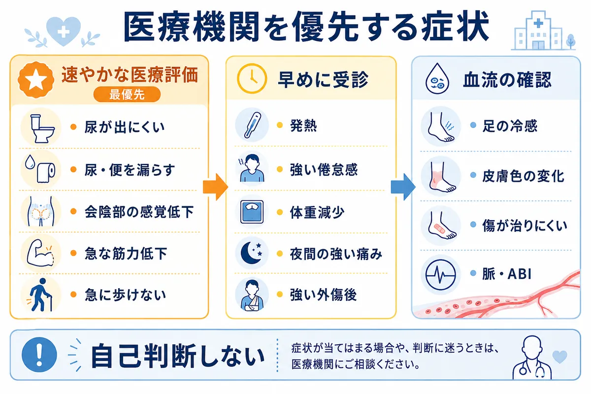 腰部脊柱管狭窄症で医療機関を優先する症状を速やかな医療評価と早めの受診と血流確認に分けて示した図解
