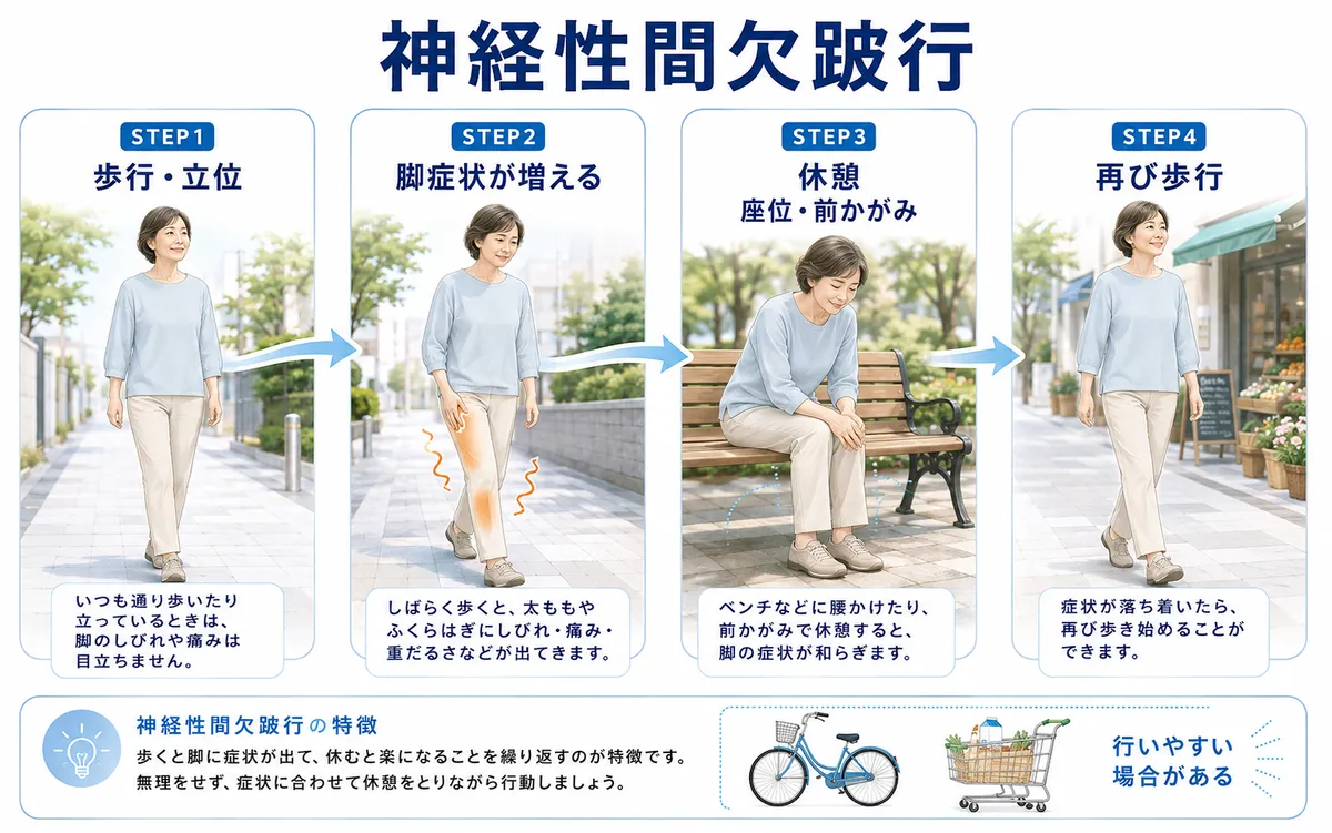 歩行で脚症状が強くなり休憩するとまた歩ける神経性間欠跛行の流れを示した図解