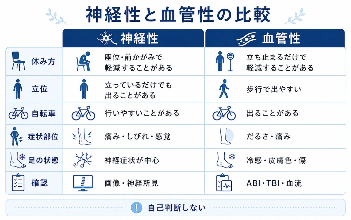 神経性間欠跛行と血管性間欠跛行の違いを休み方や自転車や足の状態で比較した図解