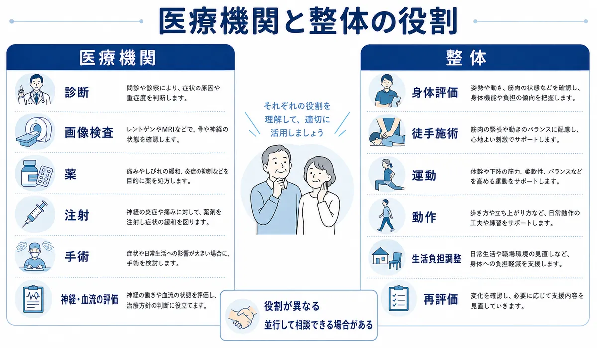 腰部脊柱管狭窄症と坐骨神経痛とヘルニアとすべり症と変形性腰椎症と股関節や膝の問題の違いを示した図解