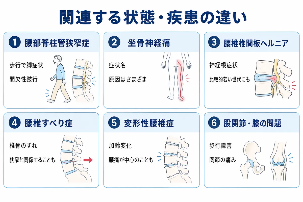 腰部脊柱管狭窄症に対する医療機関と整体の役割の違いを左右で整理した図解