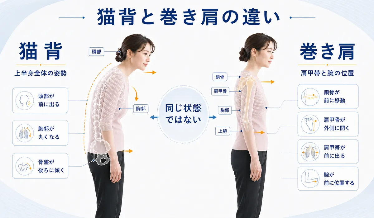 猫背は上半身全体の姿勢、巻き肩は肩甲帯と腕の位置関係であることを比較した図解