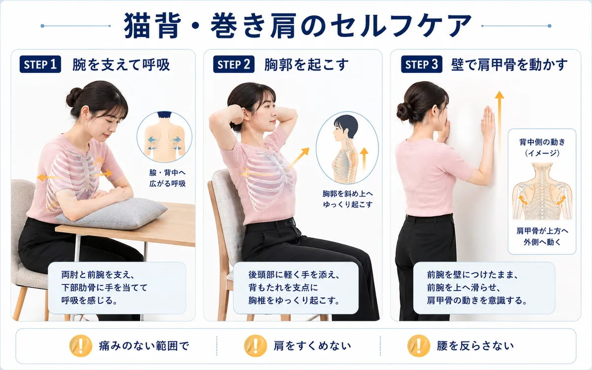 腕を支えた胸郭呼吸、椅子での胸椎運動、壁を使った肩甲骨運動の3種類のセルフケア