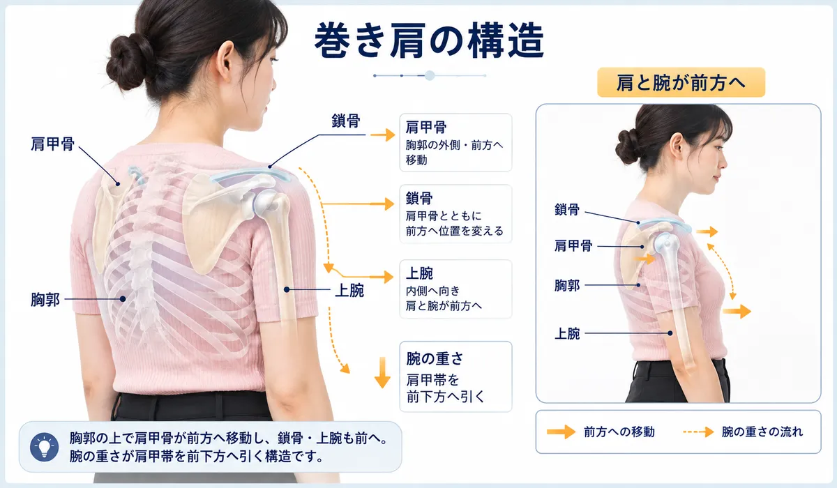 肩甲骨、鎖骨、上腕が胸郭に対して前方へ移動する巻き肩の構造を示した図解